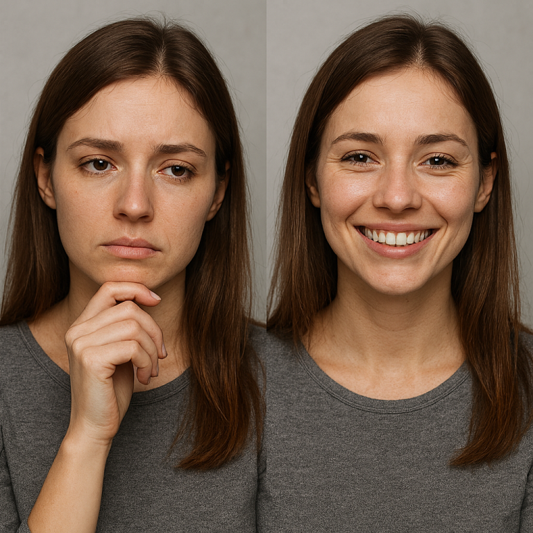 Frau mit wechselndem Gesichtsausdruck: nachdenklich links, lächelnd rechts.