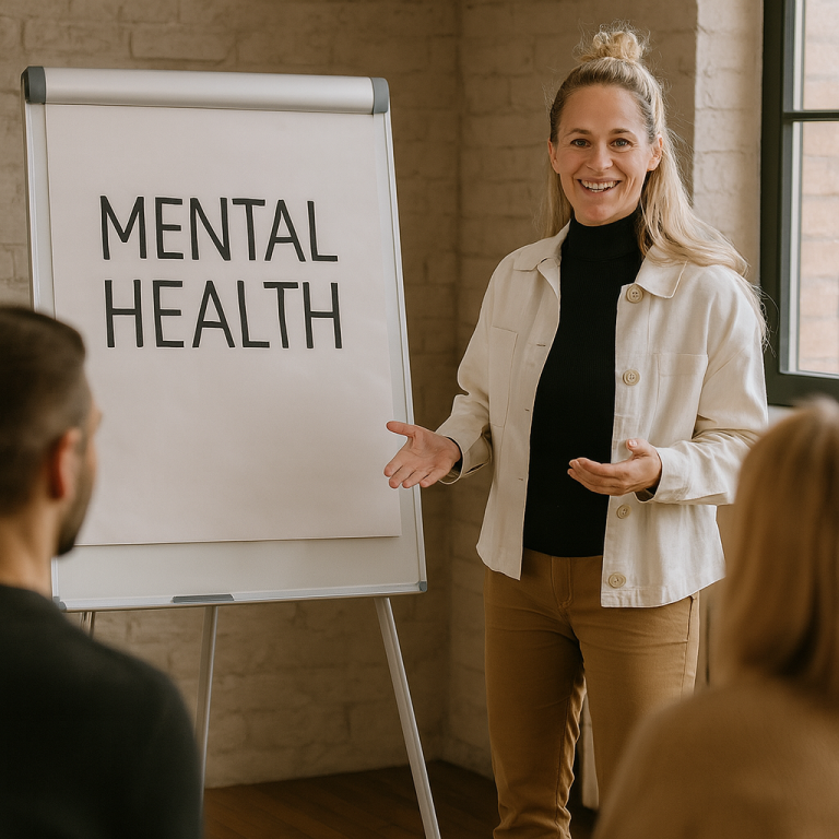 Frau präsentiert in einem Workshop das Thema mentale Gesundheit vor einer Gruppe.