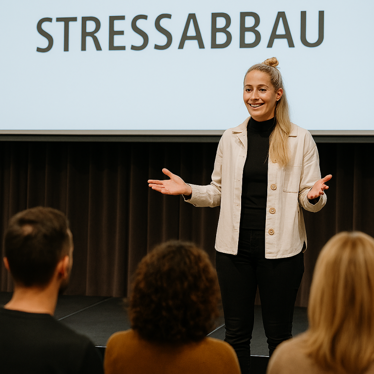 Frau spricht mit Publikum über Stressabbau.
