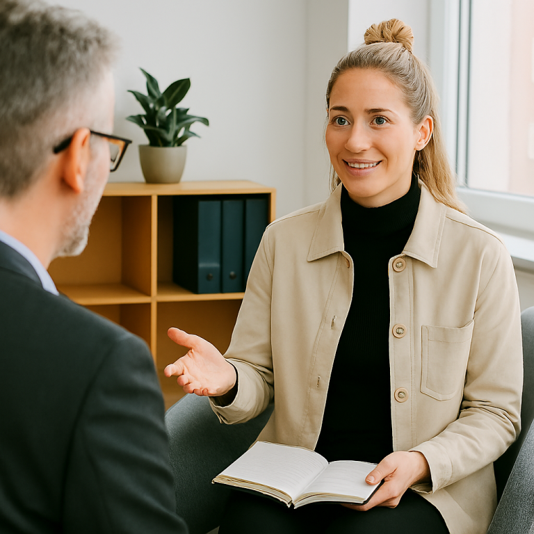 Frau im Gespräch mit einem Mann, Notizbuch auf dem Tisch, freundliche Atmosphäre.